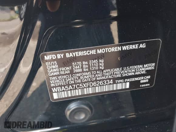 2015 BMW 5 Series 528i xDrive with VIN WBA5A7C5XFD626334, listed as a IAAI auction lot 42939497 with 180,638 mi miles and . Bid and sale history available at DreamBid. Image 9.