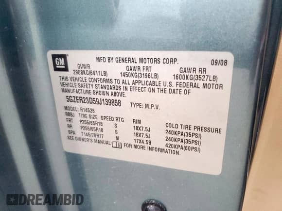 2009 Saturn Outlook XR with VIN 5GZER23D59J139858, listed as a Copart auction lot 54194865 with 199,407 mi miles and Salvage title. Bid and sale history available at DreamBid. Image 13.