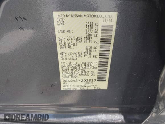 2015 Nissan Murano SV with VIN 5N1AZ2MG7FN202810, listed as a IAAI auction lot 42606649 with 149,005 mi miles and . Bid and sale history available at DreamBid. Image 9.