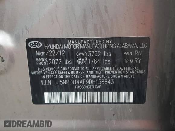 2013 Hyundai Elantra Limited с VIN 5NPDH4AE9DH158843, выставлен на аукционе Copart как лот 82065685 с пробегом 167 484 миль миль и Списание • Salvage title. История ставок и продаж доступна на DreamBid. Изображение 12.