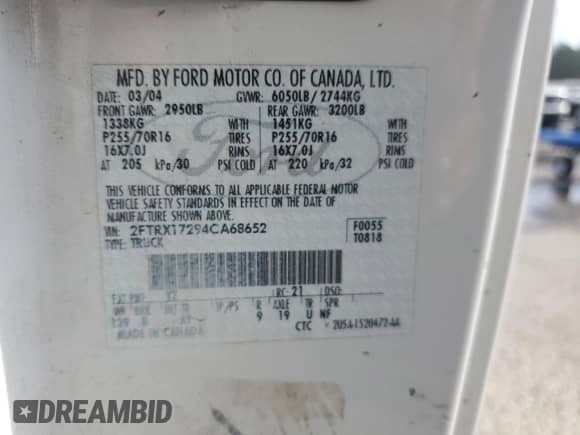 2004 Ford F-150 XL с VIN 2FTRX17294CA68652, выставлен на аукционе Copart как лот 53442525 с пробегом Не указан миль и Списание • Salvage title. История ставок и продаж доступна на DreamBid. Изображение 12.