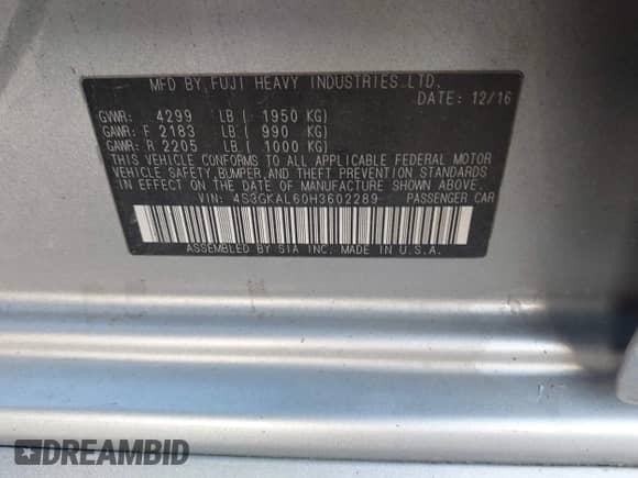 2017 Subaru Impreza Special Sports with VIN 4S3GKAL60H3602289, listed as a IAAI auction lot 43454507 with 121,706 mi miles and . Bid and sale history available at DreamBid. Image 9.