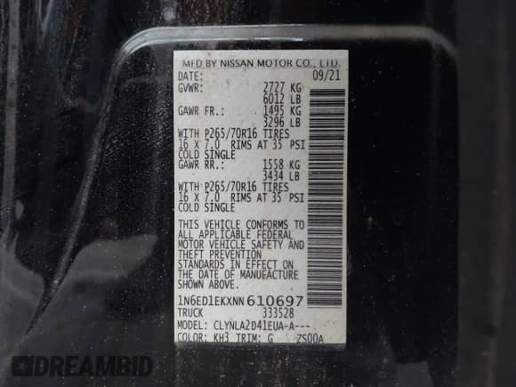 2022 Nissan Frontier S with VIN 1N6ED1EKXNN610697, listed as a IAAI auction lot 41241624 with 17,897 mi miles and . Bid and sale history available at DreamBid. Image 9.