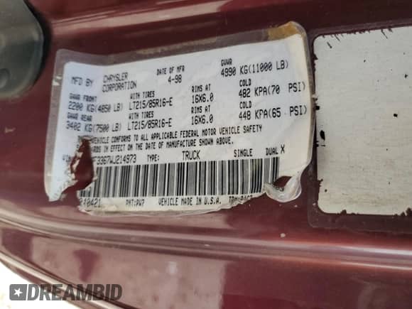 1998 Dodge 3500 z VIN 1B7MF3367WJ214973, wystawiony jako Copart lot #59921755 z przebiegiem 333 761 mil mil oraz Szkoda całkowita • Salvage title. Historia ofert i sprzedaży dostępna na DreamBid. Obrazek 12.