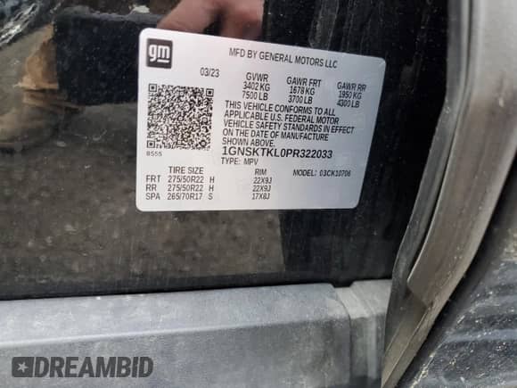 2023 Chevrolet Tahoe High Country с VIN 1GNSKTKL0PR322033, выставлен на аукционе Copart как лот 55501225 с пробегом Не указан миль и Списание • Salvage title. История ставок и продаж доступна на DreamBid. Изображение 14.