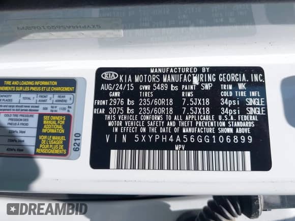 2016 Kia Sorento EX with VIN 5XYPH4A56GG106899, listed as a IAAI auction lot 42909390 with 119,326 mi miles and . Bid and sale history available at DreamBid. Image 9.