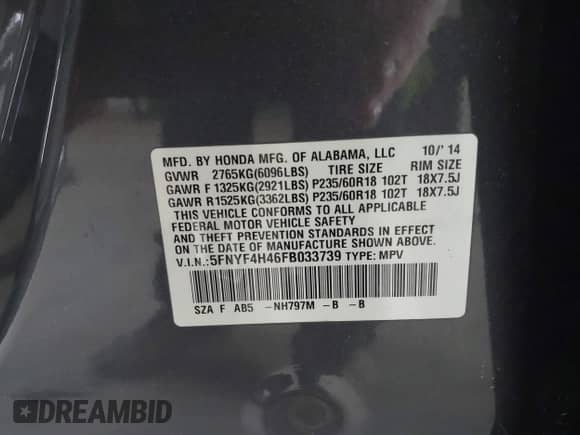 2015 Honda Pilot EX с VIN 5FNYF4H46FB033739, выставлен на аукционе IAAI как лот 42904540 с пробегом 126 676 миль миль и . История ставок и продаж доступна на DreamBid. Изображение 9.