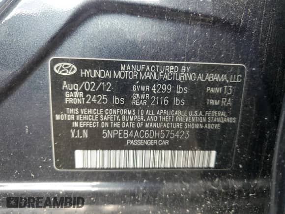2013 Hyundai Sonata GLS with VIN 5NPEB4AC6DH575423, listed as a Copart auction lot 87028235 with Not provided miles and Salvage title. Bid and sale history available at DreamBid. Image 12.