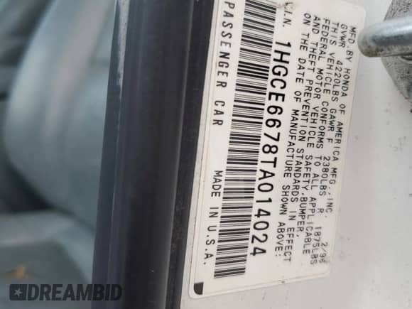 1996 Honda Accord EX z VIN 1HGCE6678TA014024, wystawiony jako Copart lot #62682674 z przebiegiem 238 989 mil mil oraz Szkoda całkowita • Salvage title. Historia ofert i sprzedaży dostępna na DreamBid. Obrazek 13.