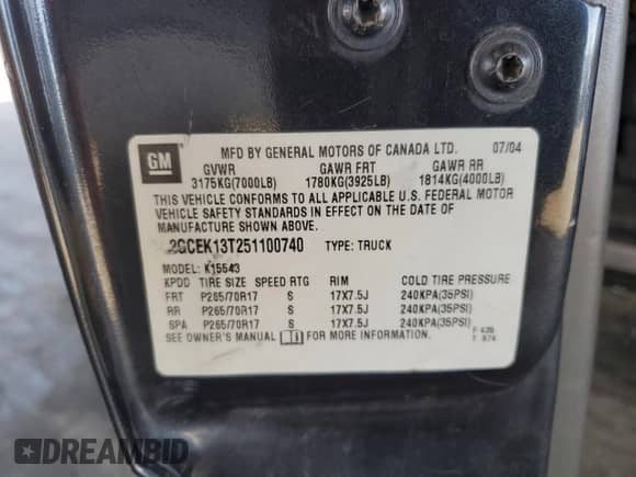 2005 Chevrolet Silverado 1500 LT with VIN 2GCEK13T251100740, listed as a Copart auction lot 82264855 with Not provided miles and Salvage title. Bid and sale history available at DreamBid. Image 12.