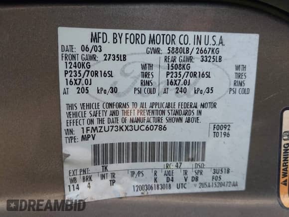 2003 Ford Explorer XLT с VIN 1FMZU73KX3UC60786, выставлен на аукционе IAAI как лот 43372735 с пробегом 302 681 миль миль и . История ставок и продаж доступна на DreamBid. Изображение 9.
