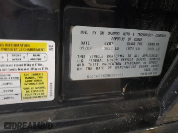 2009 Chevrolet Aveo 2LT z VIN KL1TG56EX9B353766, wystawiony jako Copart lot #86267335 z przebiegiem 70 934 mil mil oraz Czysty tytuł • Clean title. Historia ofert i sprzedaży dostępna na DreamBid. Obrazek 12.