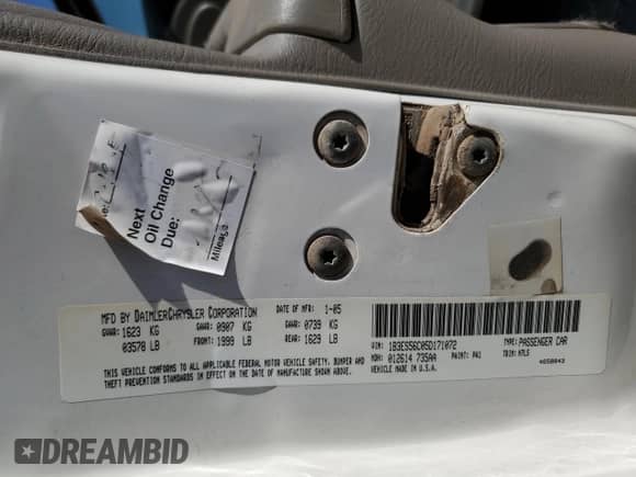 2005 Dodge Neon SXT with VIN 1B3ES56C05D171072, listed as a Copart auction lot 61170435 with 218,495 mi miles and Salvage title. Bid and sale history available at DreamBid. Image 12.