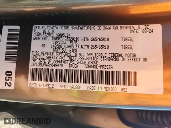 2024 Toyota Tacoma TRD Sport with VIN 3TMLB5JN4RM049470, listed as a Copart auction lot 81793685 with 7,521 mi miles and Salvage title. Bid and sale history available at DreamBid. Image 12.