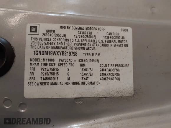 2000 Chevrolet Astro с VIN 1GNDM19WXYB219798, выставлен на аукционе IAAI как лот 41823618 с пробегом 181 822 миль миль и . История ставок и продаж доступна на DreamBid. Изображение 9.