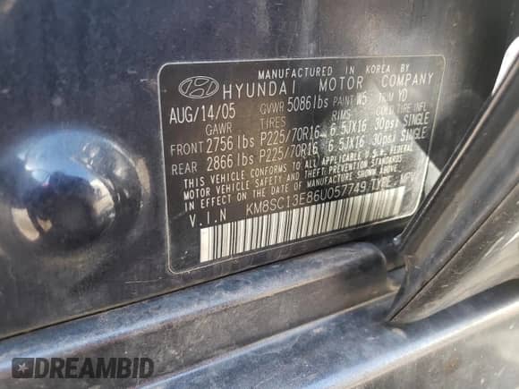 2006 Hyundai Santa Fe GLS z VIN KM8SC13E86U057749, wystawiony jako Copart lot #57646404 z przebiegiem 159 051 mil mil oraz Szkoda całkowita • Salvage title. Historia ofert i sprzedaży dostępna na DreamBid. Obrazek 13.