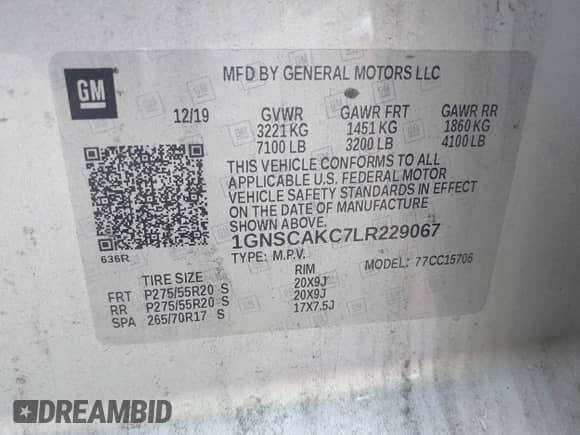 2020 Chevrolet Tahoe LS с VIN 1GNSCAKC7LR229067, выставлен на аукционе IAAI как лот 42700168 с пробегом Не указан миль и . История ставок и продаж доступна на DreamBid. Изображение 9.