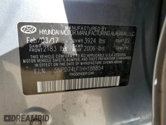 2017 Hyundai Elantra SE z VIN 5NPD74LF1HH188854, wystawiony jako Copart lot #85599005 z przebiegiem 189 631 mil mil oraz Szkoda całkowita • Salvage title. Historia ofert i sprzedaży dostępna na DreamBid. Obrazek 12.