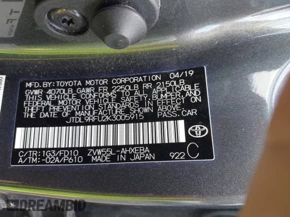 2019 Toyota Prius LE с VIN JTDL9RFU2K3005915, выставлен на аукционе IAAI как лот 42192956 с пробегом 112 503 миль миль и . История ставок и продаж доступна на DreamBid. Изображение 9.