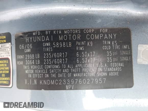 2007 Hyundai Entourage GLS с VIN KNDMC233976027957, выставлен на аукционе IAAI как лот 41560350 с пробегом 188 483 миль миль и . История ставок и продаж доступна на DreamBid. Изображение 9.