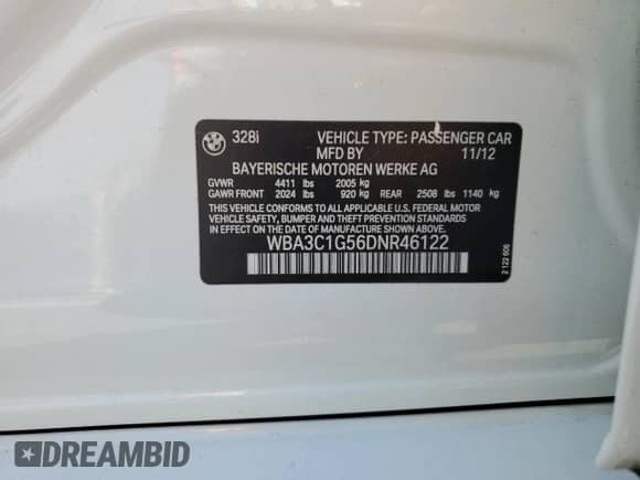 2013 BMW 3 Series 328i z VIN WBA3C1G56DNR46122, wystawiony jako Copart lot #82156345 z przebiegiem 86 181 mil mil oraz Szkoda całkowita • Salvage title. Historia ofert i sprzedaży dostępna na DreamBid. Obrazek 12.