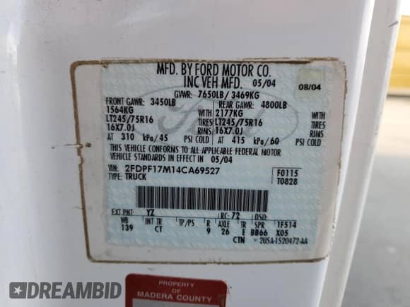 2004 Ford F-150 XL с VIN 2FDPF17M14CA69527, выставлен на аукционе Copart как лот 80203985 с пробегом Не указан миль и Чистый • Clean title. История ставок и продаж доступна на DreamBid. Изображение 12.