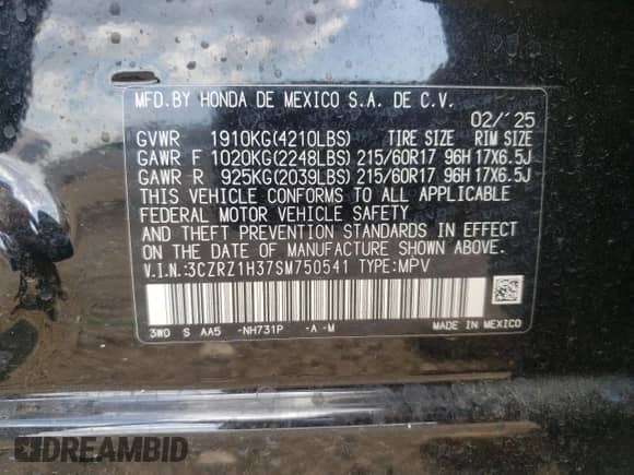 2025 Honda HR-V LX with VIN 3CZRZ1H37SM750541, listed as a Copart auction lot 63195055 with 6,594 mi miles and Salvage title. Bid and sale history available at DreamBid. Image 13.