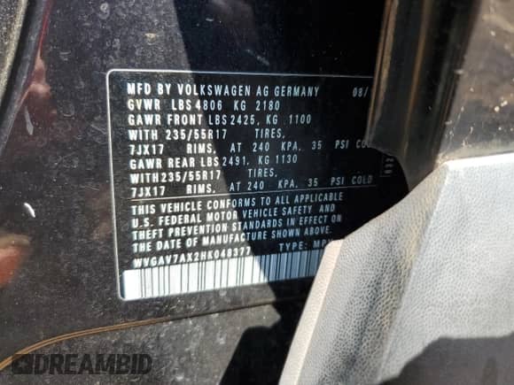 2017 Volkswagen Tiguan S с VIN WVGAV7AX2HK048377, выставлен на аукционе Copart как лот 81180095 с пробегом Не указан миль и Списание • Salvage title. История ставок и продаж доступна на DreamBid. Изображение 13.