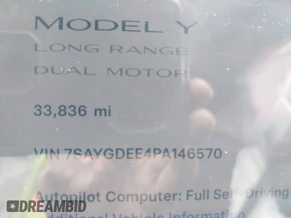 2023 Tesla Model Y Long Range с VIN 7SAYGDEE4PA146570, выставлен на аукционе IAAI как лот 42803265 с пробегом 33 836 миль миль и . История ставок и продаж доступна на DreamBid. Изображение 7.