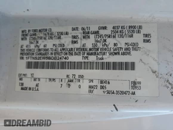 2011 Ford Econoline Cargo Commercial with VIN 1FTNS2EW5BDB24740, listed as a Copart auction lot 64206845 with 113,516 mi miles and Clean title. Bid and sale history available at DreamBid. Image 13.