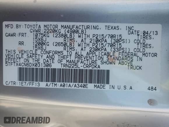 2013 Toyota Tacoma z VIN 5TFTX4CN6DX031306, wystawiony jako Copart lot #81683285 z przebiegiem 127 675 mil mil oraz Szkoda całkowita • Salvage title. Historia ofert i sprzedaży dostępna na DreamBid. Obrazek 12.