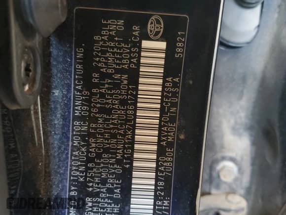 2020 Toyota Camry SE z VIN 4T1G11AK7LU861721, wystawiony jako Copart lot #69224875 z przebiegiem 97 874 mil mil oraz Szkoda całkowita • Salvage title. Historia ofert i sprzedaży dostępna na DreamBid. Obrazek 12.