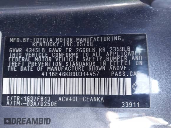 2009 Toyota Camry with VIN 4T1BE46K89U314457, listed as a IAAI auction lot 43356222 with 176,105 mi miles and . Bid and sale history available at DreamBid. Image 9.