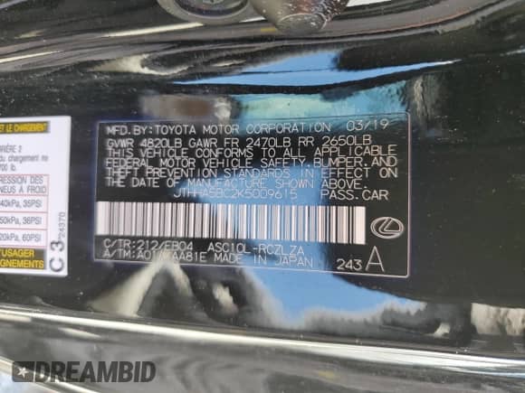 2019 Lexus RC 300 z VIN JTHHA5BC2K5009615, wystawiony jako Copart lot #64201584 z przebiegiem Nie podano mil oraz Nie do naprawy • Non repairable. Historia ofert i sprzedaży dostępna na DreamBid. Obrazek 12.