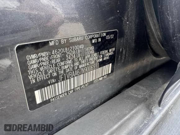 2022 Subaru WRX with VIN JF1VBAA67N9006931, listed as a Copart auction lot 90948835 with 130,100 mi miles and Clean title. Bid and sale history available at DreamBid. Image 10.