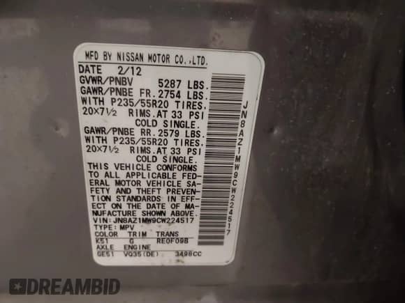 2012 Nissan Murano S with VIN JN8AZ1MW9CW224517, listed as a IAAI auction lot 41058165 with 164,202 mi miles and . Bid and sale history available at DreamBid. Image 9.