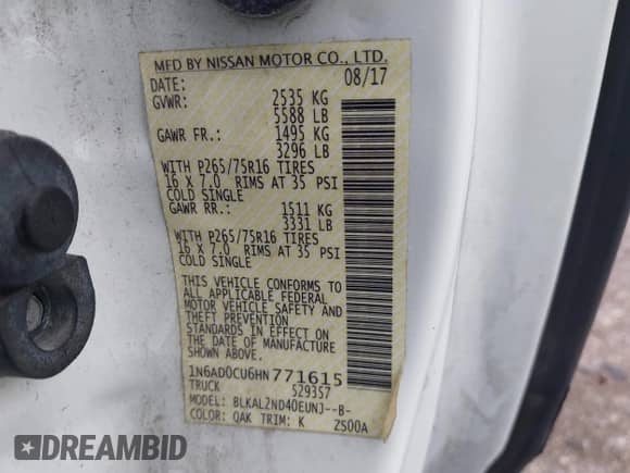 2017 Nissan Frontier SV with VIN 1N6AD0CU6HN771615, listed as a IAAI auction lot 41552941 with 120,919 mi miles and . Bid and sale history available at DreamBid. Image 9.