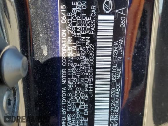 2015 Lexus RC F с VIN JTHHP5BC8F5003922, выставлен на аукционе Copart как лот 59144515 с пробегом 52 712 миль миль и Списание • Salvage title. История ставок и продаж доступна на DreamBid. Изображение 12.