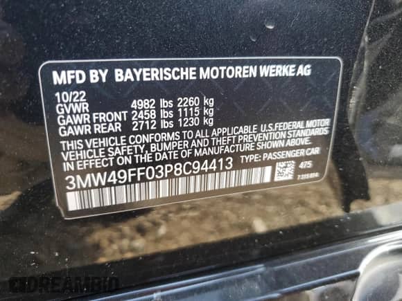 2023 BMW 3 Series M340i xDrive с VIN 3MW49FF03P8C94413, выставлен на аукционе Copart как лот 81464165 с пробегом 47 069 миль миль и Списание • Salvage title. История ставок и продаж доступна на DreamBid. Изображение 13.