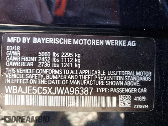 2018 BMW 5 Series 540i с VIN WBAJE5C5XJWA96387, выставлен на аукционе Copart как лот 65480225 с пробегом 89 173 миль миль и Списание • Salvage title. История ставок и продаж доступна на DreamBid. Изображение 12.