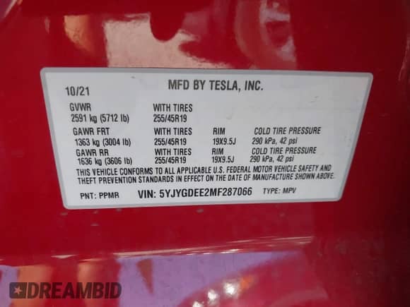 2021 Tesla Model Y Long Range with VIN 5YJYGDEE2MF287066, listed as a IAAI auction lot 43253104 with 38,884 mi miles and . Bid and sale history available at DreamBid. Image 9.