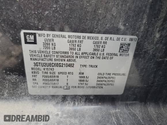 2014 GMC Sierra 1500 SLE z VIN 3GTU2UEC6EG210482, wystawiony jako Copart lot #64932835 z przebiegiem 138 879 mil mil oraz Czysty tytuł • Clean title. Historia ofert i sprzedaży dostępna na DreamBid. Obrazek 12.