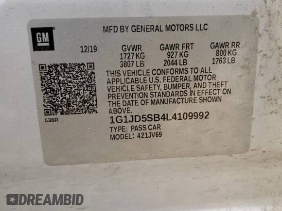 2020 Chevrolet Sonic LT with VIN 1G1JD5SB4L4109992, listed as a Copart auction lot 64969545 with 92,731 mi miles and Salvage title. Bid and sale history available at DreamBid. Image 12.