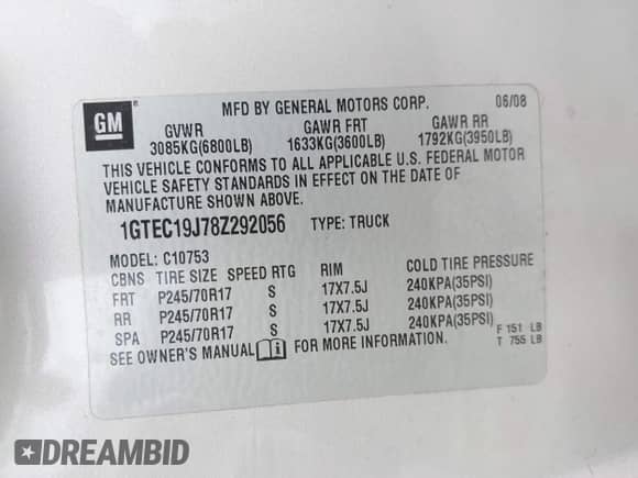 2008 GMC Sierra 1500 SLE1 с VIN 1GTEC19J78Z292056, выставлен на аукционе IAAI как лот 42827879 с пробегом 285 504 миль миль и . История ставок и продаж доступна на DreamBid. Изображение 9.