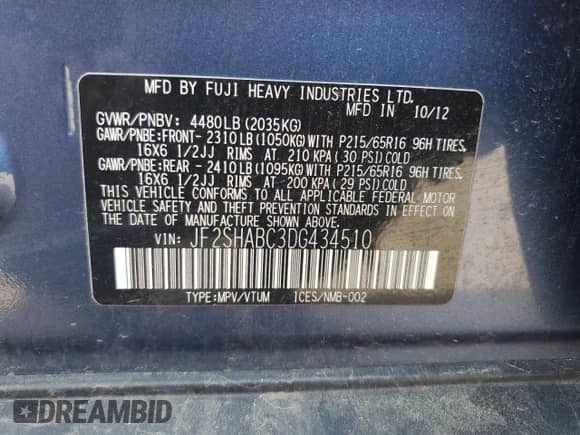 2013 Subaru Forester X z VIN JF2SHABC3DG434510, wystawiony jako Copart lot #67927925 z przebiegiem 136 376 mil mil oraz Szkoda całkowita • Salvage title. Historia ofert i sprzedaży dostępna na DreamBid. Obrazek 13.