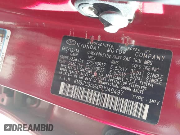 2015 Hyundai Tucson SE with VIN KM8JU3AGXFU049497, listed as a IAAI auction lot 43103818 with 125,628 mi miles and . Bid and sale history available at DreamBid. Image 9.