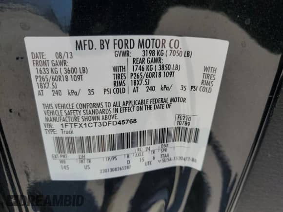 2013 Ford F-150 XL z VIN 1FTFX1CT3DFD45768, wystawiony jako Copart lot #57314795 z przebiegiem 185 429 mil mil oraz Szkoda całkowita • Salvage title. Historia ofert i sprzedaży dostępna na DreamBid. Obrazek 12.