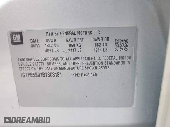 2011 Chevrolet Cruze 1FL with VIN 1G1PE5S97B7308181, listed as a IAAI auction lot 42992382 with 139,524 mi miles and . Bid and sale history available at DreamBid. Image 9.