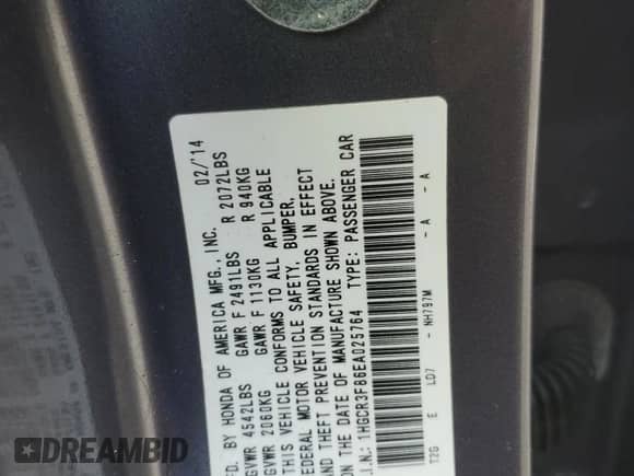 2014 Honda Accord EX-L with VIN 1HGCR3F86EA025764, listed as a Copart auction lot 71101765 with 96,930 mi miles and Salvage title. Bid and sale history available at DreamBid. Image 12.