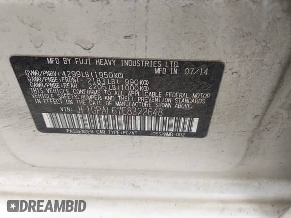 2014 Subaru Impreza Special Sports Premium with VIN JF1GPAL67E8322648, listed as a IAAI auction lot 43001152 with 166,874 mi miles and . Bid and sale history available at DreamBid. Image 9.